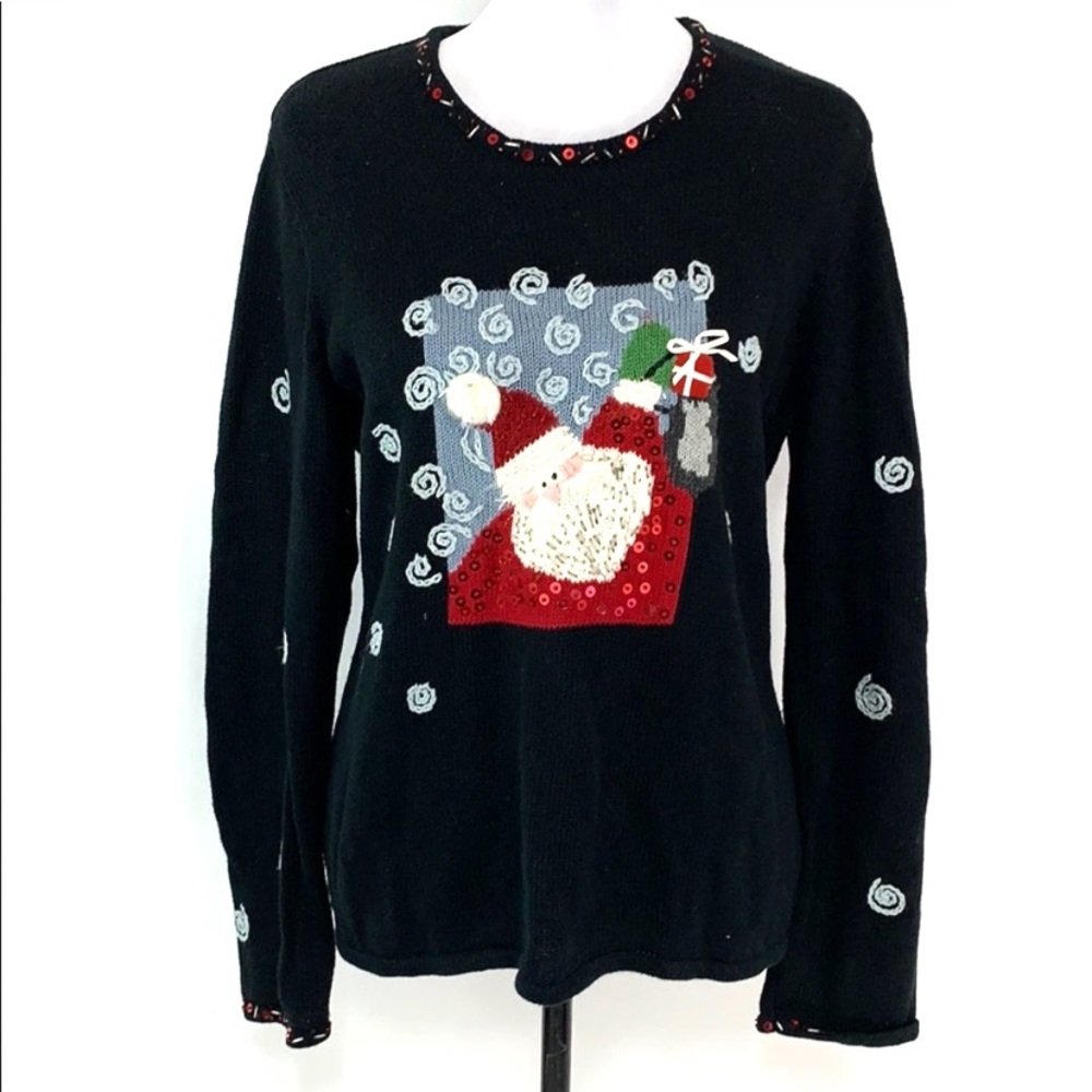 Susan Bristol Santa holiday black sweater EUC